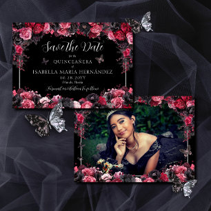 Save The Date Gothique rose rouge et noir Moody Quinceañera