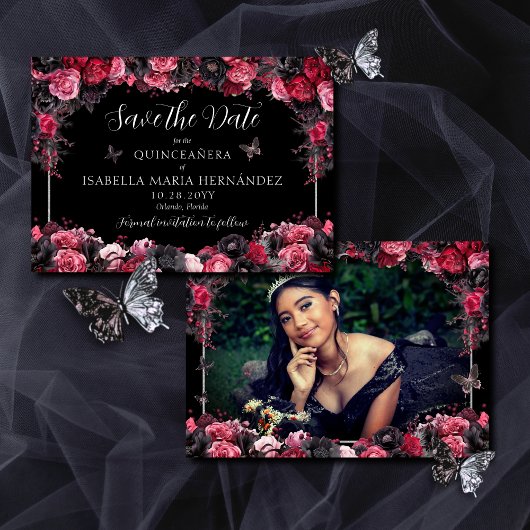 Save The Date Gothique rose rouge et noir Moody Quinceañera