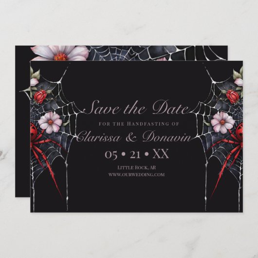 Save The Date Gothique Rouge & Noir Floral Spider Web Handfastin (Devant / Derrière)