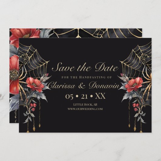 Save The Date Gothique Rouge & Or Floral Spider Web Handfasting (Devant / Derrière)