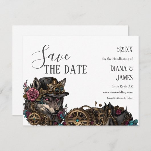 Save The Date Gothique Steampumk Wolf Rose Floral Handfasting (Devant / Derrière)