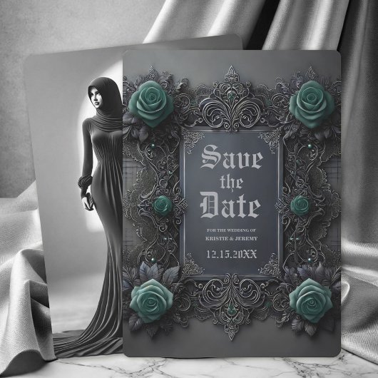 Save The Date Gothique Turquoise bleu gris floral photo Enregist