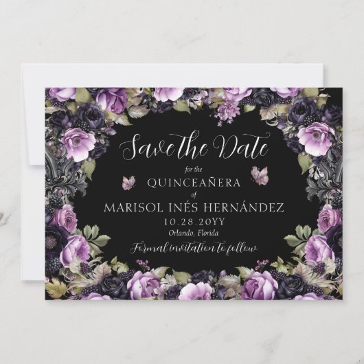 Save The Date Gothique violet et noir Moody Florals Quinceañera (Devant)