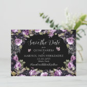 Save The Date Gothique violet et noir Moody Florals Quinceañera (Debout devant)