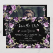 Save The Date Gothique violet et noir Moody Florals Quinceañera (Devant / Derrière)
