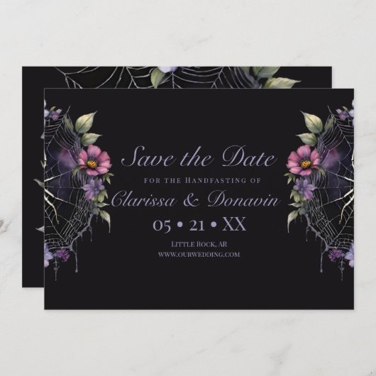 Save The Date Gothique Violet Floral Spider Web Handfasting (Devant / Derrière)