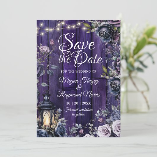 Save The Date Gothique Violet foncé Floral Rustique Plaques en b (Debout devant)
