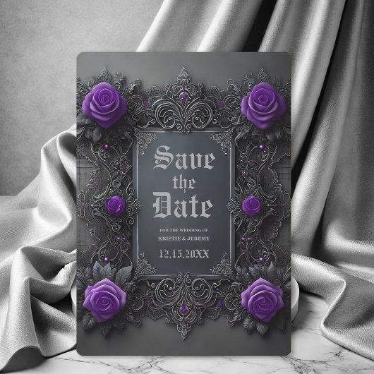 Save The Date Gothique Violet Gris Floral Mariage Enregistrer la