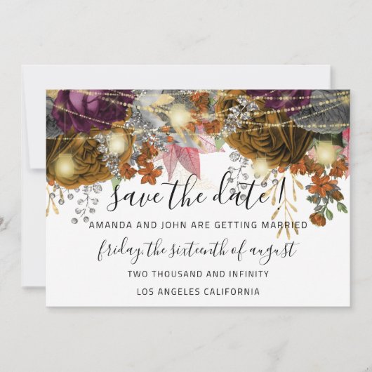 Save The Date Goud Bloemrozen Lichten Wit (Voorkant)