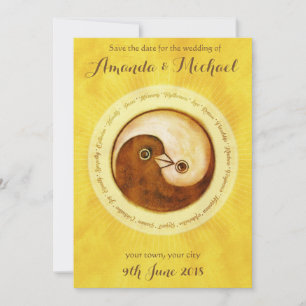 SAVE THE DATE Gouden YinYang duiven trouwkaart