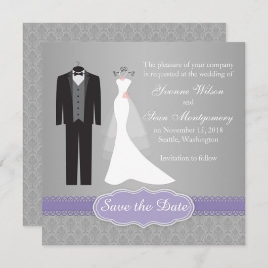 Save The Date Gown, tuxedo sur gris Enregistrer la date Invitati (Devant / Derrière)