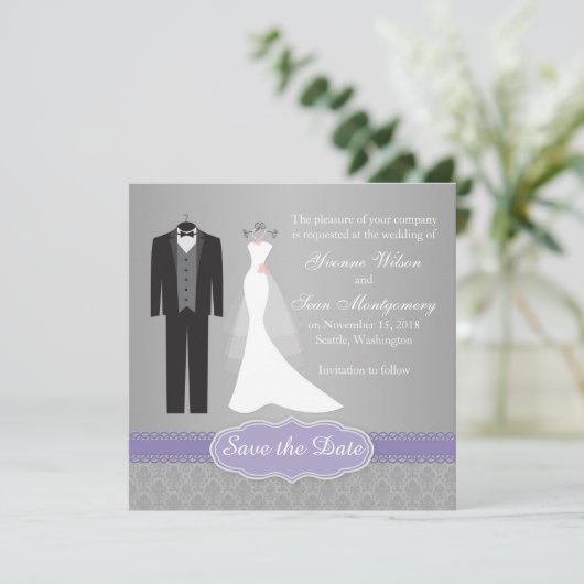 Save The Date Gown, tuxedo sur gris Enregistrer la date Invitati (Debout devant)