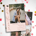 Save The Date Graduation en calligraphie rose et laiton<br><div class="desc">La graduation rose vif recto verso sauve la carte de date avec une photo du diplômé et enregistre la date écrite dans un script de signature couleur laiton avec un petit bouchon de graduation noir en haut. Ajoutez trois autres photos au dos dans un simple collage. Graduation enregistrer la date...</div>