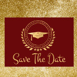 Save The Date Graduation Enregistrer La Date Gold Grad Casquette<br><div class="desc">J'aime concevoir des oeuvres d'art pour les diplômes. C'est moderne simple et élégant classique or et rouge couleur Enregistrer la carte d'annonce de la date. Texte de style moderne. Ajoutez votre propre message au verso des cartes donnant des détails à votre famille et vos amis pour enregistrer la date pour...</div>