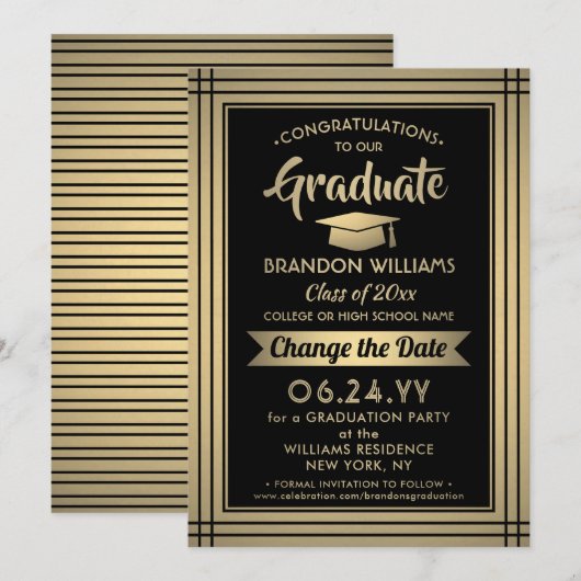 Save The Date Graduation Modifier la date de report Black Gold (Devant / Derrière)