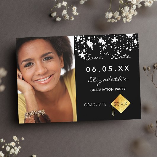 Save The Date Graduation party noir blanc étoiles photo 2025