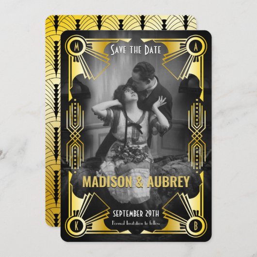 Save The Date Grand Gatsby Art Déco Mariage Gold & Black Photo (Devant / Derrière)
