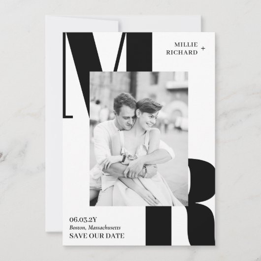Save The Date Grandes Initiales Noir Blanc moderne Typographie P (Devant)
