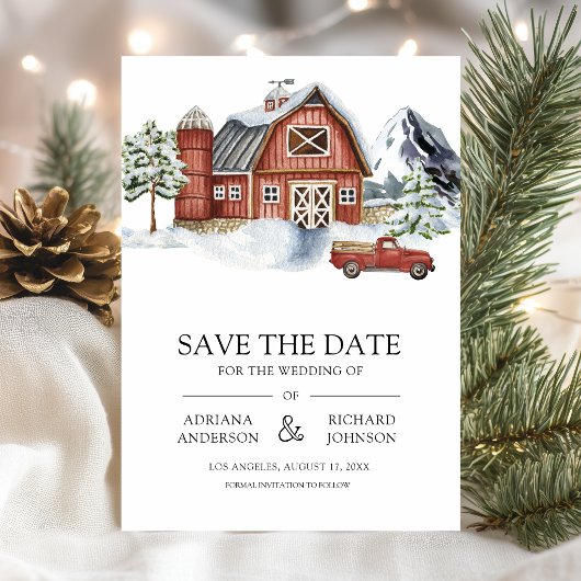 Save The Date Grange rouge Noël d'hiver Code QR Photo Mariage