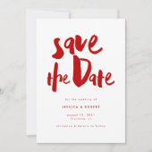 Save The Date Gras Edgy Modern Red Brush Script Mariage photo (Devant)
