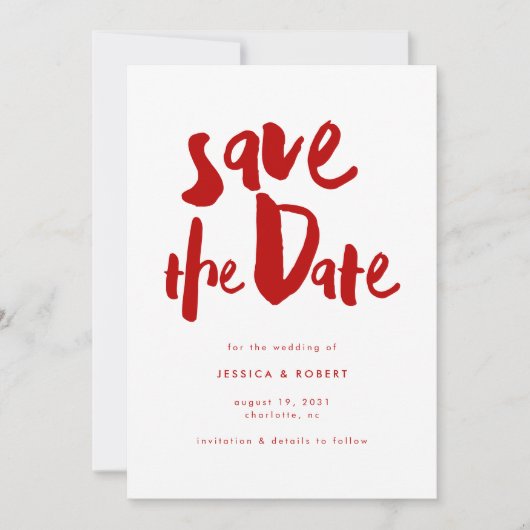 Save The Date Gras Edgy Modern Red Brush Script Mariage photo (Devant)