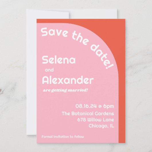 Save The Date Gras rose rétro & Mariage orange de couleurs vives (Devant)