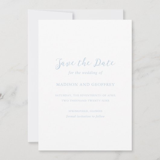 Save The Date Gras Script Poudre Bleu Photo Mariage élégant (Devant)