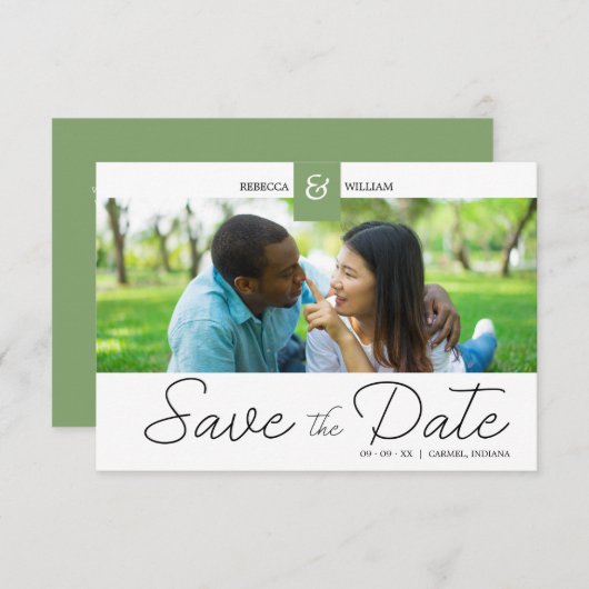 Save The Date Green Chic Custom Photo Instant Engaged Couple (Devant / Derrière)