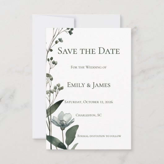 Save The Date Green Floral Botanical Wedding (Devant)