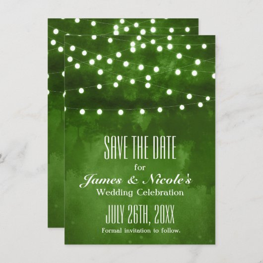 Save The Date Green Forest Rustic String Lights Enregistrer La D (Devant / Derrière)