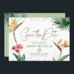 Save The Date Green Gold Tropical Bat mitzvah Floral Palm Modern<br><div class="desc">Assurez-vous que tous vos amis et parents pourront célébrer le Bat mitzvah de votre fille! Envoyez cette carte de faire-part chic et personnalisée "Save the Date". Des oiseaux d'aquarelle tropicaux, colorés et étonnants, des fleurs de paradis, un faux script manuscrit en or, l'étoile de David et des points de parties...</div>