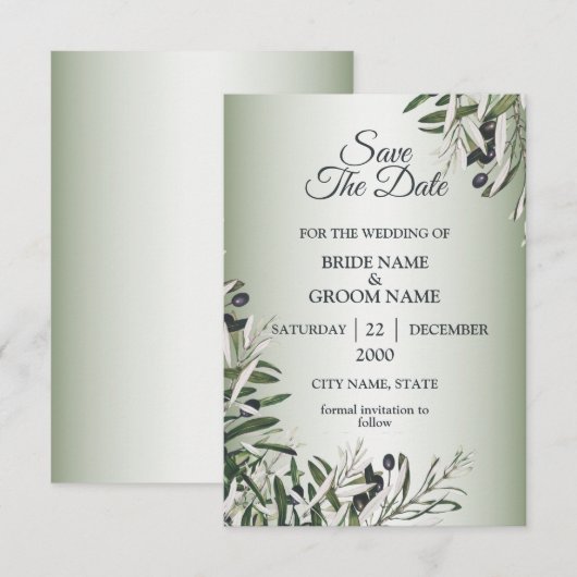 Save The Date Green Leaves Black Olive Elegant Wedding (Devant / Derrière)