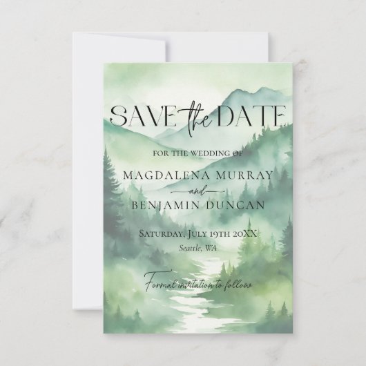 Save The Date Green Misty Mountains Pine Trees Mariage Photo (Devant)