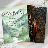 Save The Date Green Misty Mountains Pine Trees Mariage Photo