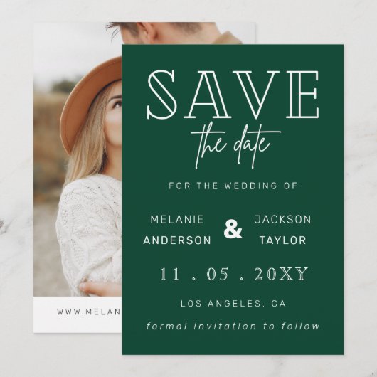 Save The Date Green Modern Calligraphy Photo Enregistrer La Date (Devant / Derrière)