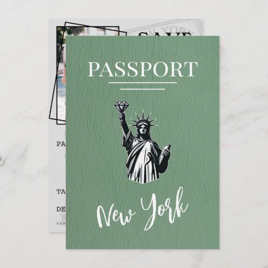 Save The Date Green New York City Passport Enregistrer La Date (Devant / Derrière)
