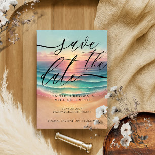 Save The Date Green Ocean Beach Watercolor Signature Sunny