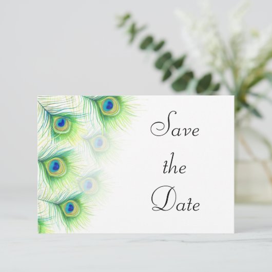 Save The Date Green Peacock Feathers Mariage Enregistrer la date (Debout devant)