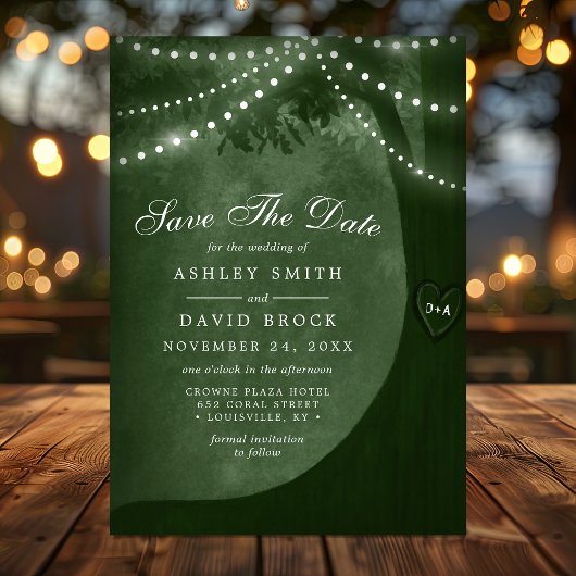 Save The Date Green Rustic Tree Lights Enregistrer la date