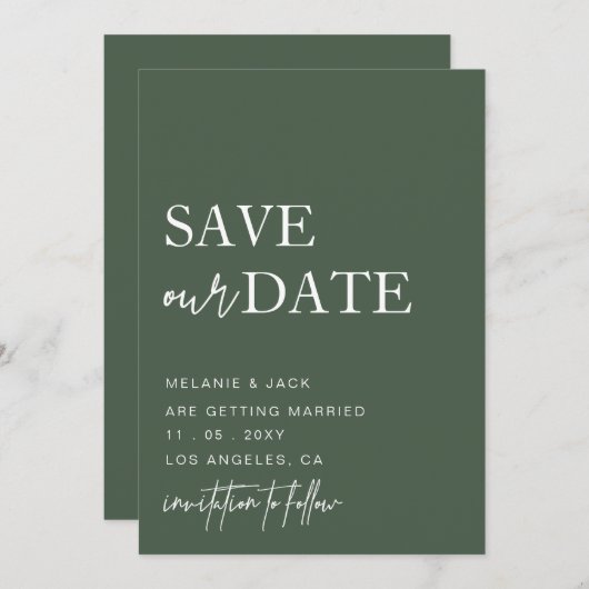 Save The Date Green Simple Calligraphy Enregistrer La Date (Devant / Derrière)