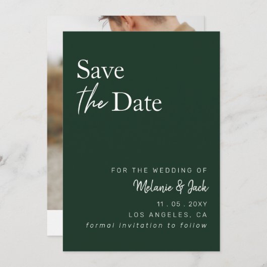 Save The Date Green Simple Calligraphy Photo Enregistrer La Date (Devant / Derrière)