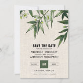 Save the date. Greenery Botanical Burlap Kaarten (Voorkant)