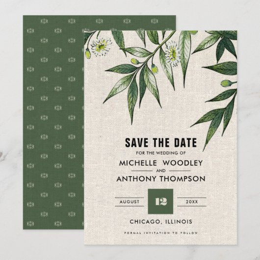 Save the date. Greenery Botanical Burlap Kaarten (Voorkant / Achterkant)