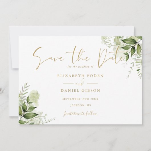 Save The Date Greenery Floral Photo Écriture Dorée (Devant)
