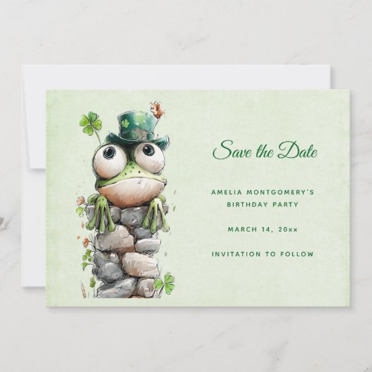 Save The Date Grenouille avec chapeau vert et trèfle mignonne (Devant)