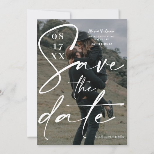 Save The Date Gris blanc moderne script enregistrer la photo de  (Devant)