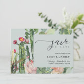 SAVE THE DATE GRIS BOHO ROSE DESERT CACTUS COULEUR D'EAU FLORALE (Debout devant)