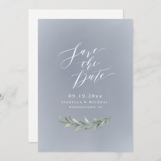 Save The Date Gris calligraphie simple rustique verdure mariage (Devant / Derrière)