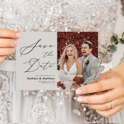 Save The Date Gris Élégant Script Photo moderne Simple Mariage