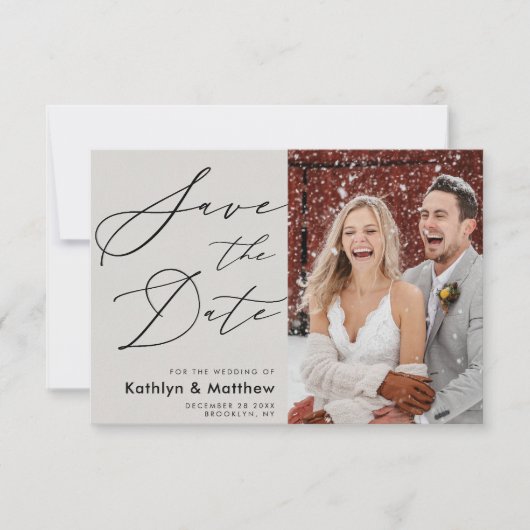 Save The Date Gris Élégant Script Photo moderne Simple Mariage (Devant)
